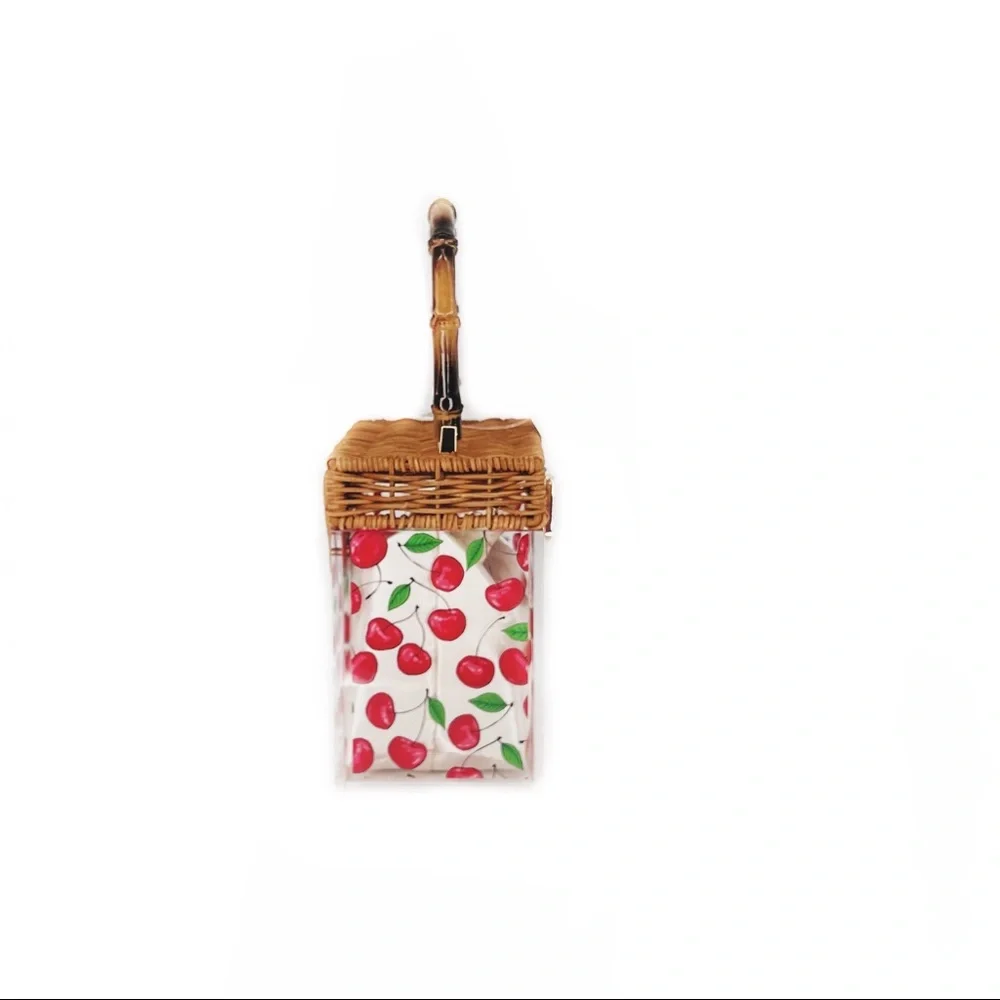 Red Cherry Acrylic Rectangular Wicker & Bamboo Top Handle Pinup Retro Purse Bag - Picture 6 of 8